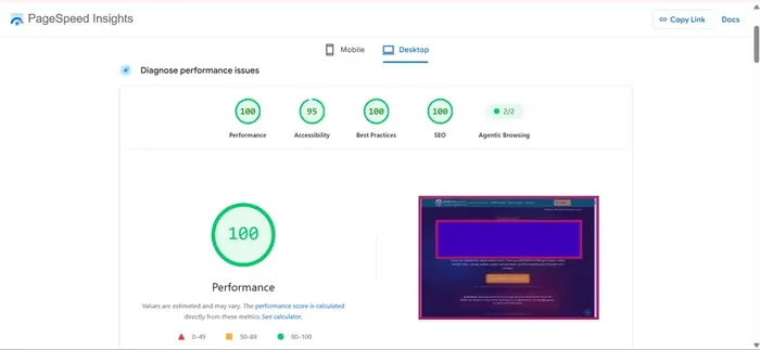 PageSpeed Insights score — 100 performance