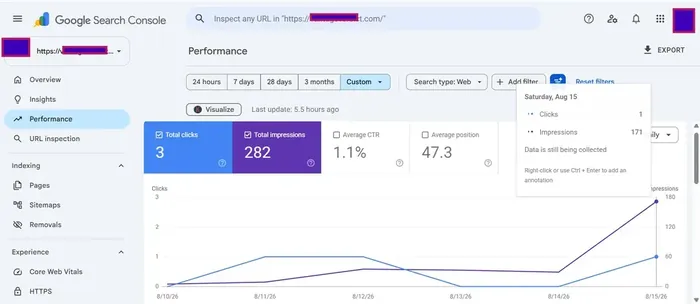 Search Console performance — early tracking window, Aug 2026